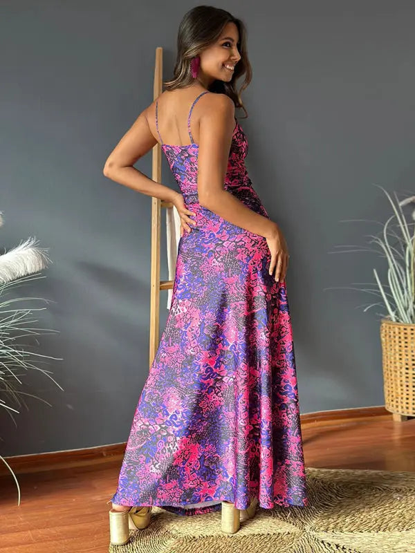 Blue Zone Planet | style spaghetti strap v-neck printed elegant A-line long dress BLUE ZONE PLANET