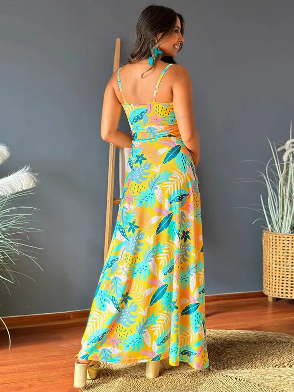 Blue Zone Planet | style spaghetti strap v-neck printed elegant A-line long dress BLUE ZONE PLANET