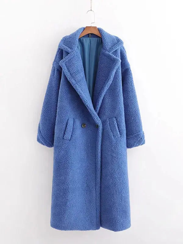 Blue Zone Planet |  warm loose lambswool coat teddy fur lapel long woolen coat BLUE ZONE PLANET