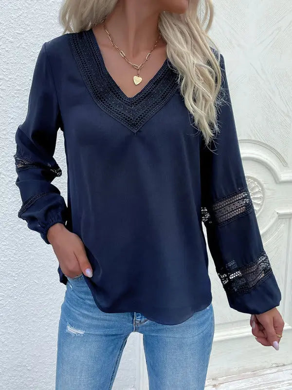 Blue Zone Planet |  woven V-neck stitching hollow lace shirt BLUE ZONE PLANET