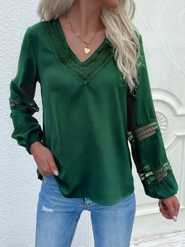 Blue Zone Planet |  woven V-neck stitching hollow lace shirt BLUE ZONE PLANET