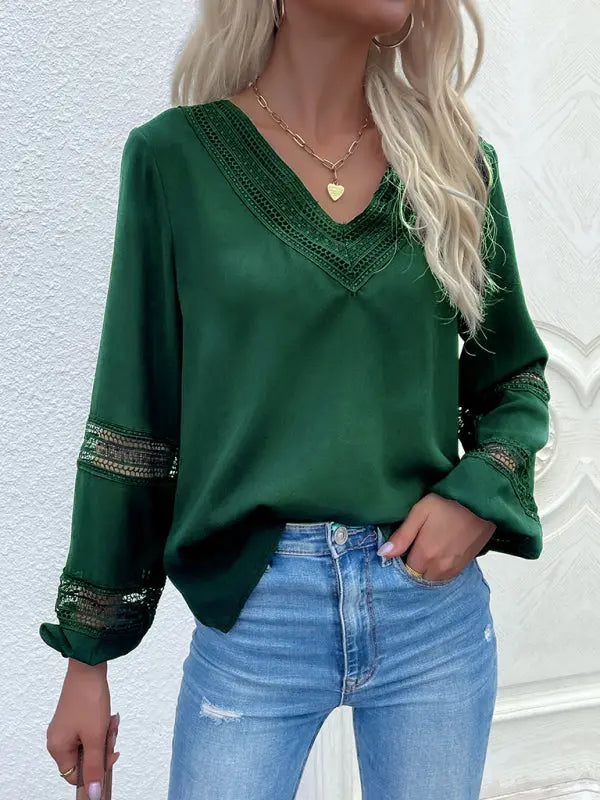Blue Zone Planet |  woven V-neck stitching hollow lace shirt BLUE ZONE PLANET