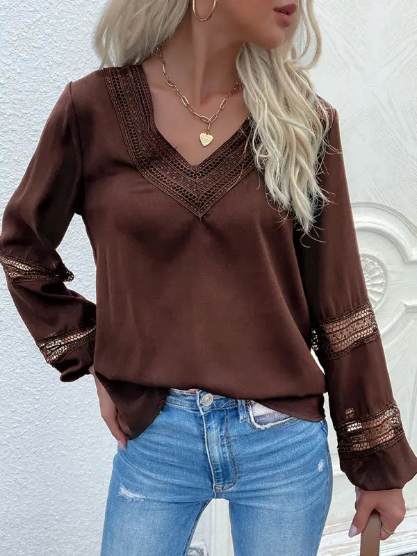 Blue Zone Planet |  woven V-neck stitching hollow lace shirt BLUE ZONE PLANET