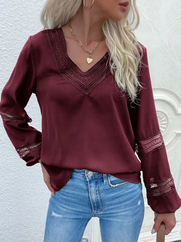 Blue Zone Planet |  woven V-neck stitching hollow lace shirt BLUE ZONE PLANET