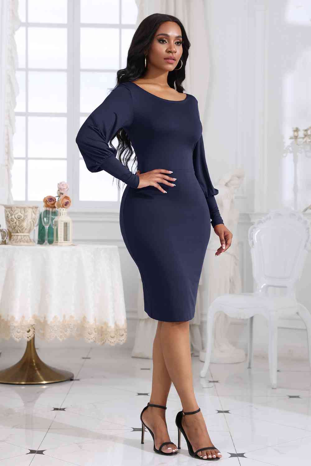 Boat Neck Lantern Sleeve Dress BLUE ZONE PLANET