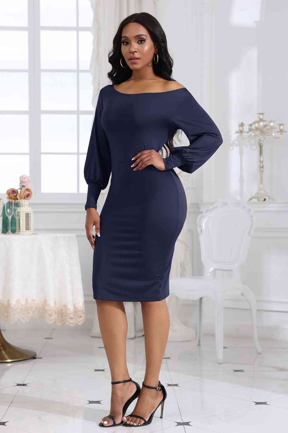 Boat Neck Lantern Sleeve Dress BLUE ZONE PLANET