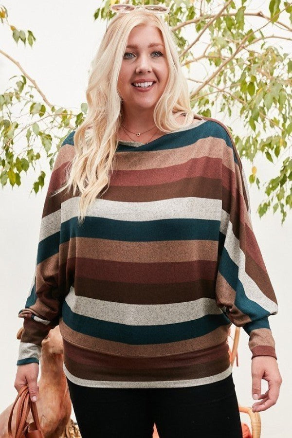 Boat Neck Long Bubble Sleeve Multi Stripe Print Knit Top Blue Zone Planet