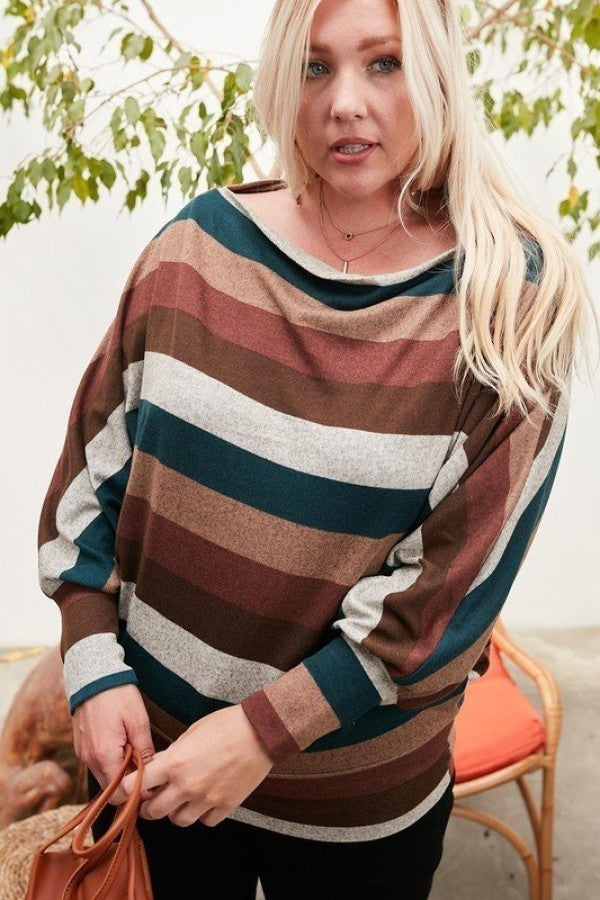 Boat Neck Long Bubble Sleeve Multi Stripe Print Knit Top Blue Zone Planet