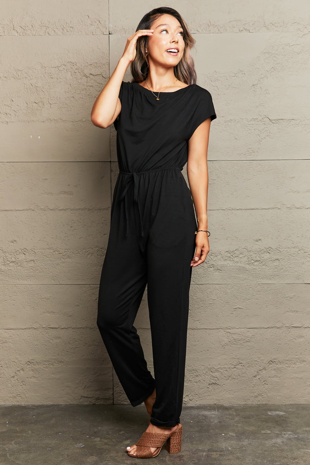 Boat Neck Short Sleeve Jumpsuit with Pockets BLUE ZONE PLANET