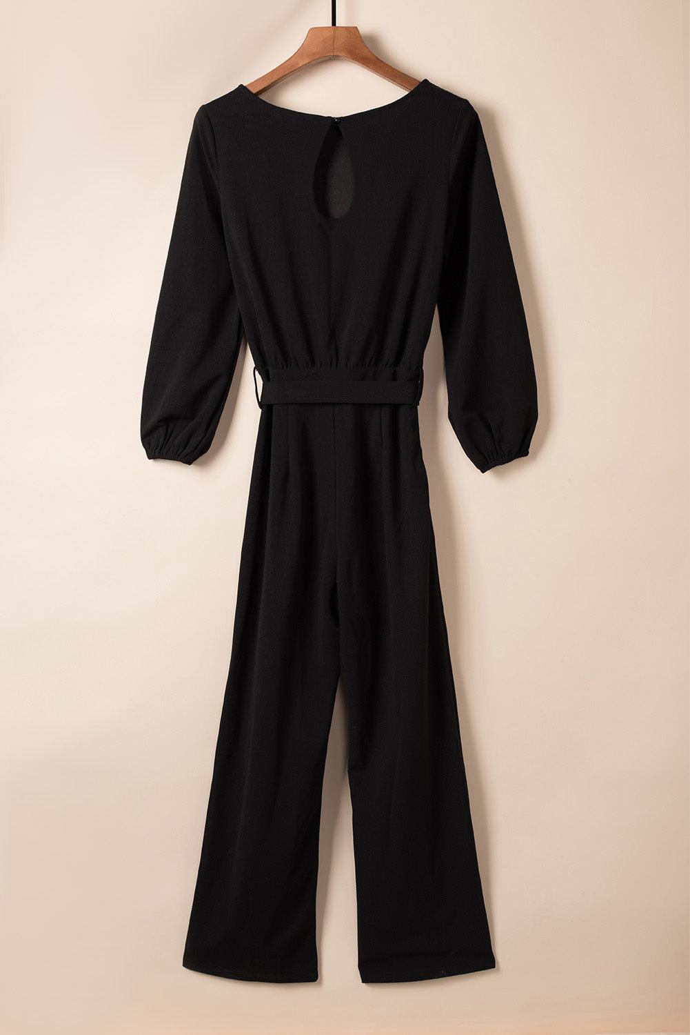 Boat Neck Tie Belt Jumpsuit BLUE ZONE PLANET