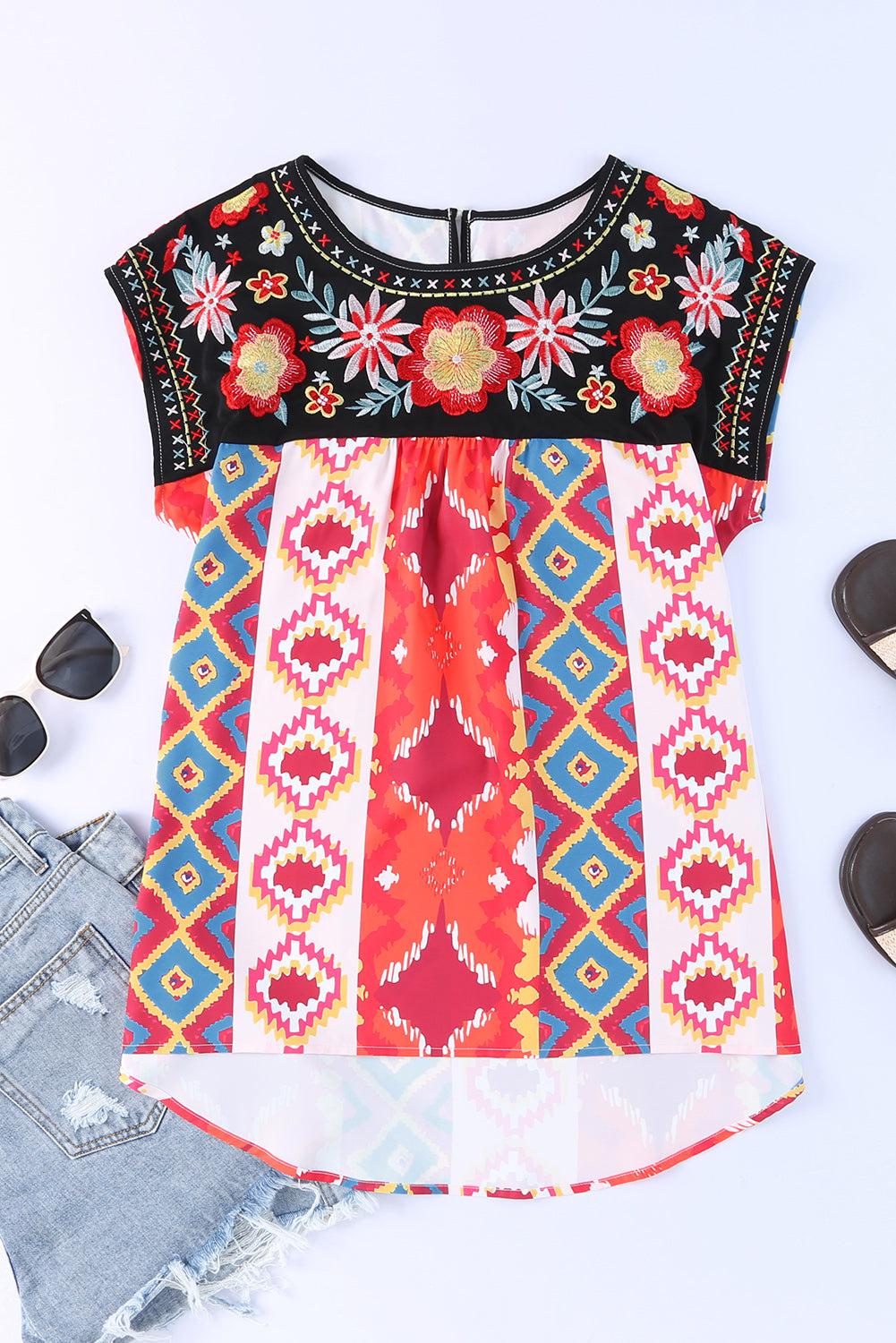 Bohemian Embroidered Round Neck Short Sleeve Top BLUE ZONE PLANET