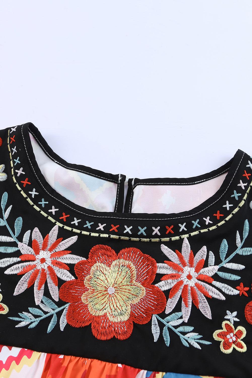 Bohemian Embroidered Round Neck Short Sleeve Top BLUE ZONE PLANET