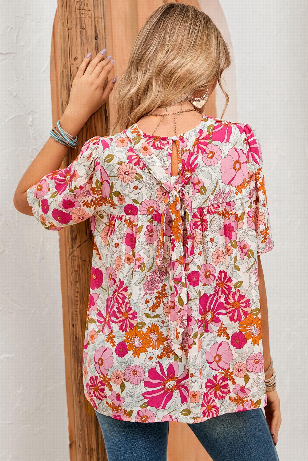 Bohemian Floral Puff Sleeve Tied Blouse BLUE ZONE PLANET
