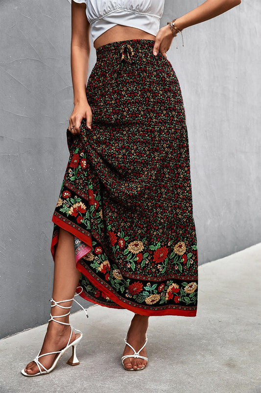 Bohemian Floral Tied Maxi Skirt BLUE ZONE PLANET