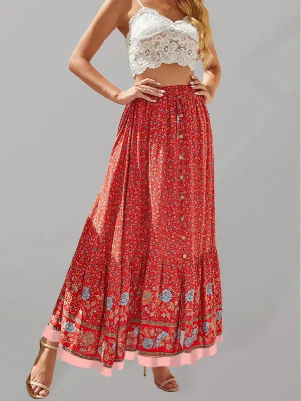 Bohemian Long Skirt Ethnic Print Elastic High Waist Tie Button Slit Holiday Travel Skirt kakaclo