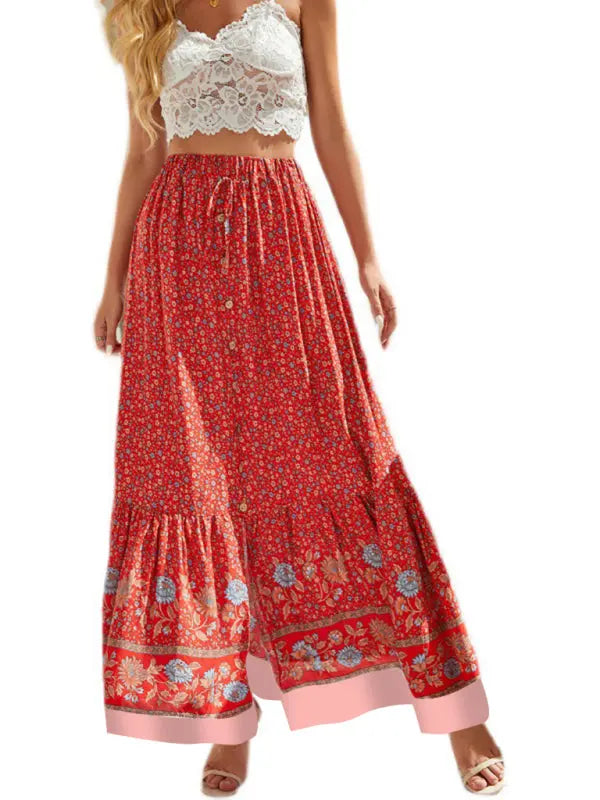 Bohemian Long Skirt Ethnic Print Elastic High Waist Tie Button Slit Holiday Travel Skirt kakaclo
