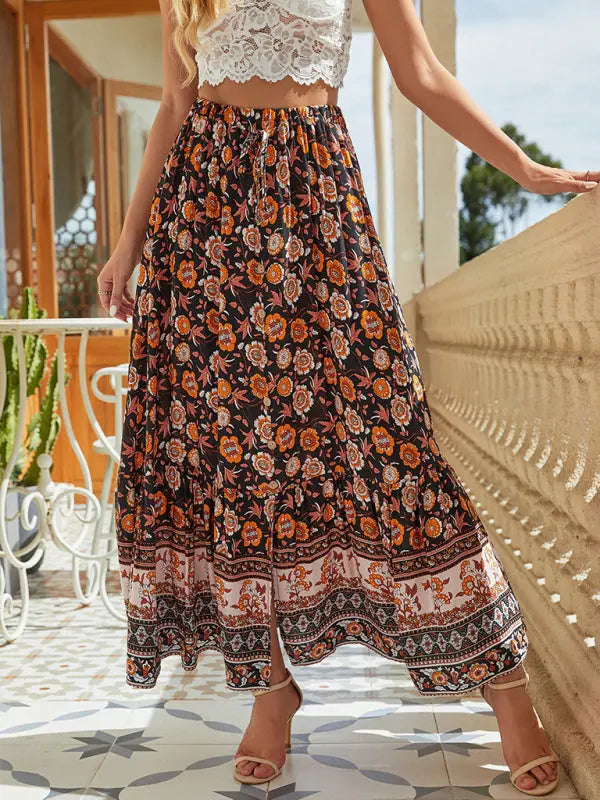 Bohemian Long Skirt Ethnic Print Elastic High Waist Tie Button Slit Holiday Travel Skirt kakaclo