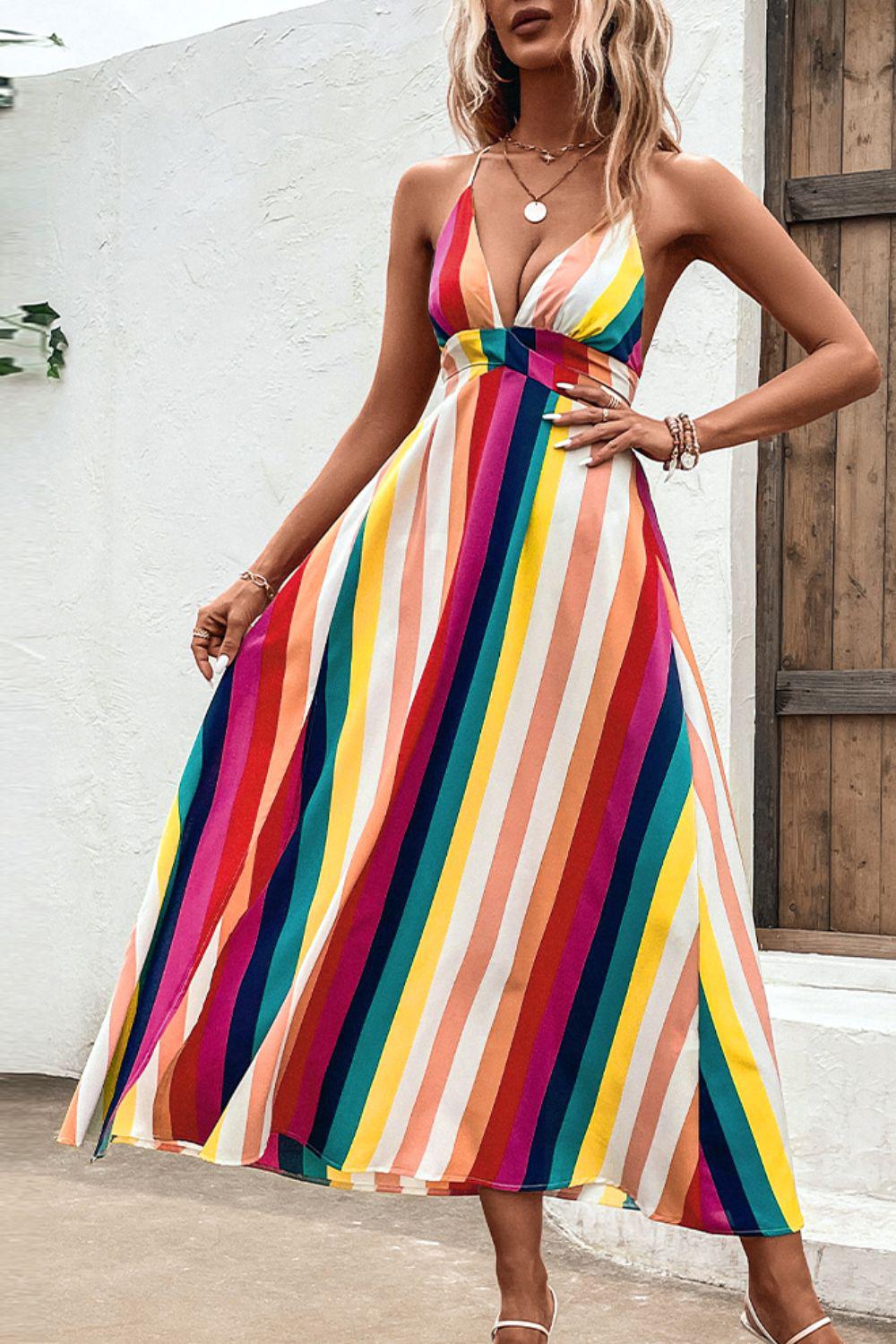 Bohemian Multicolored Stripe Crisscross Backless Dress BLUE ZONE PLANET