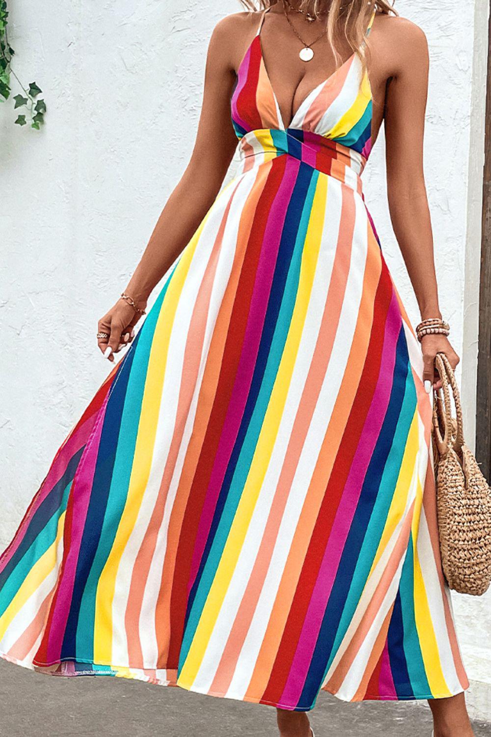 Bohemian Multicolored Stripe Crisscross Backless Dress BLUE ZONE PLANET