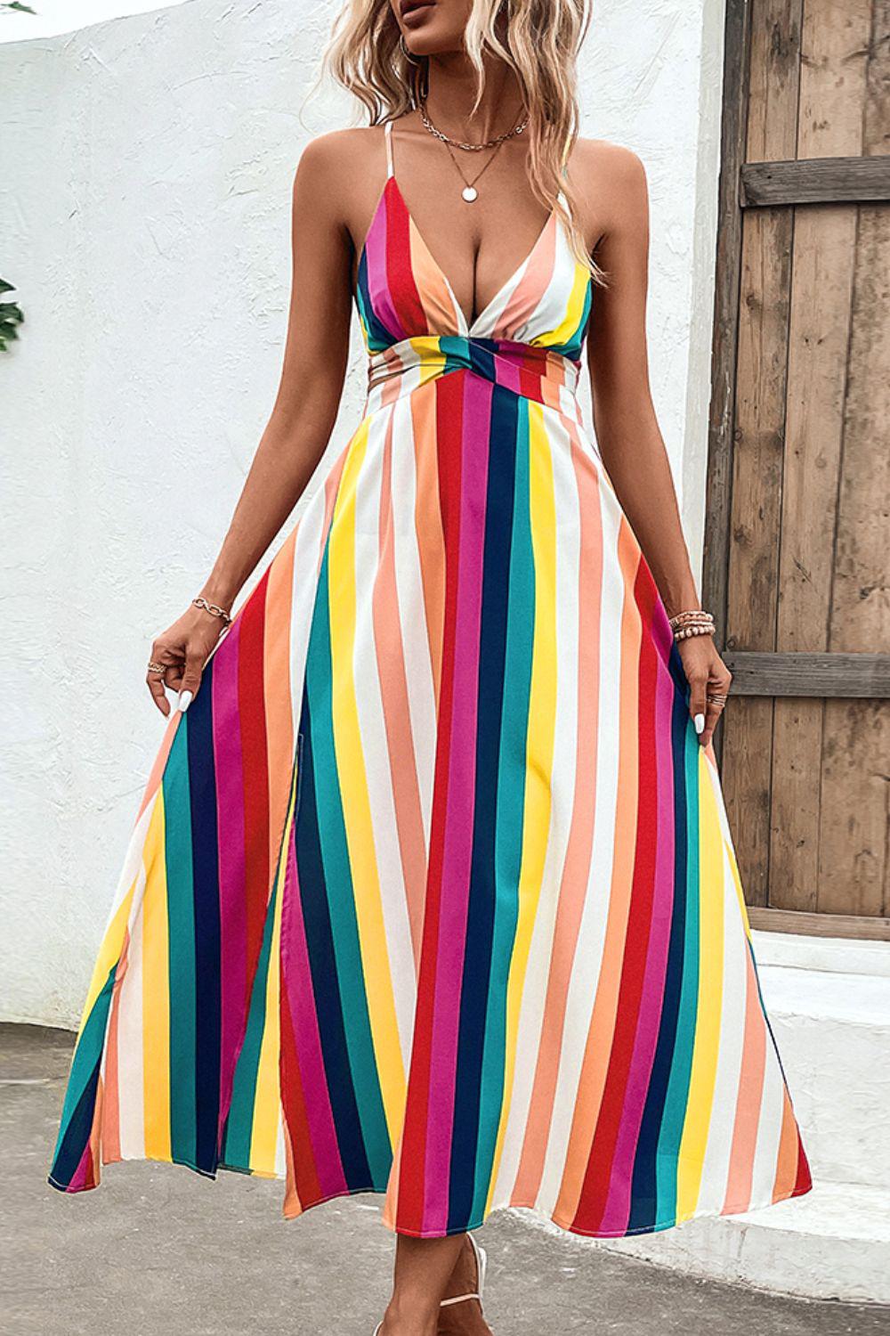 Bohemian Multicolored Stripe Crisscross Backless Dress BLUE ZONE PLANET