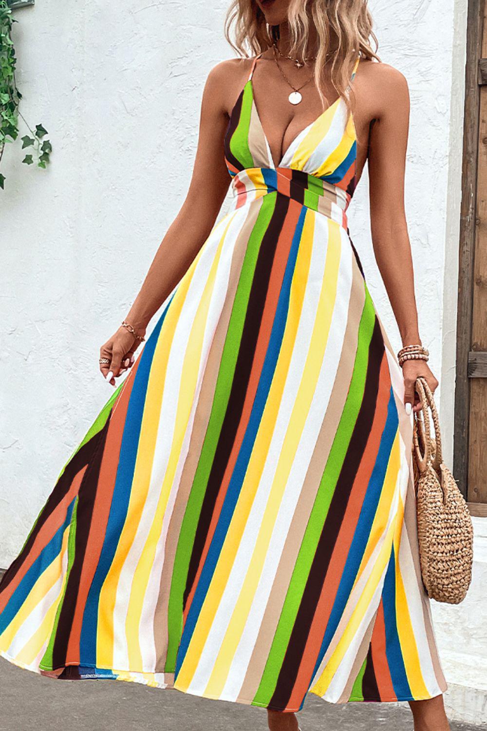 Bohemian Multicolored Stripe Crisscross Backless Dress BLUE ZONE PLANET