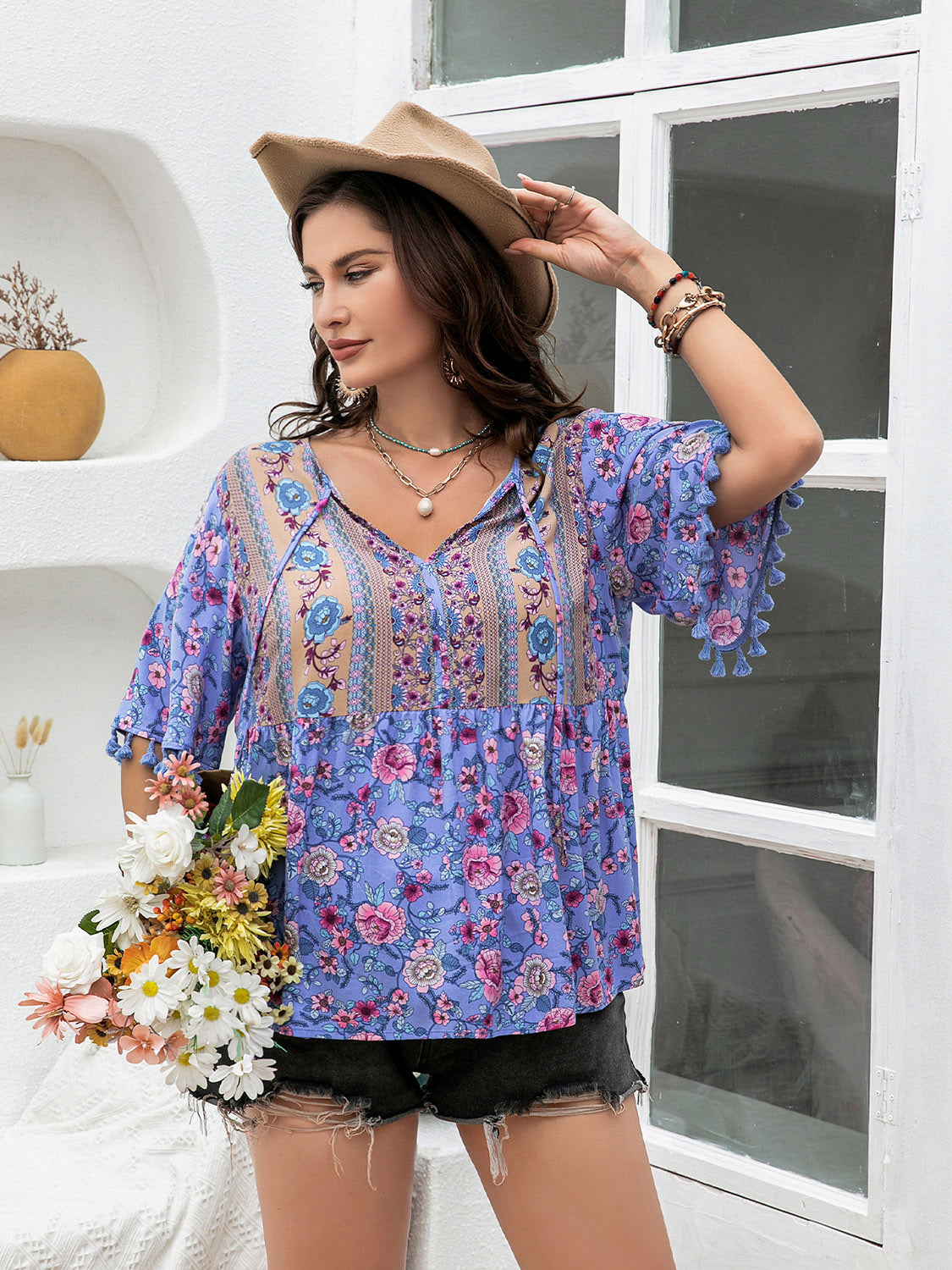 Bohemian Plus Size Printed V-Neck Half Sleeve Blouse BLUE ZONE PLANET