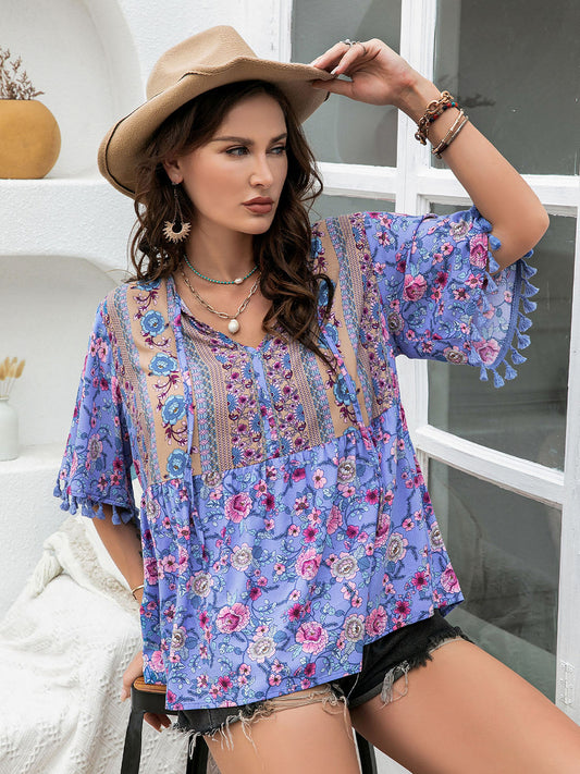 Bohemian Plus Size Printed V-Neck Half Sleeve Blouse BLUE ZONE PLANET