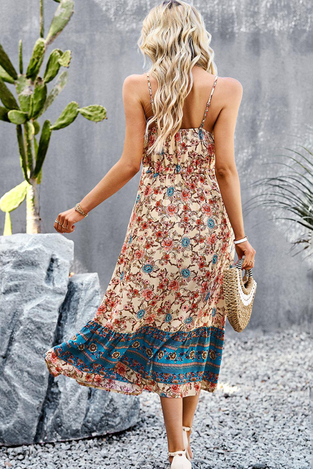 Bohemian Spaghetti Strap Drawstring Slit Dress BLUE ZONE PLANET