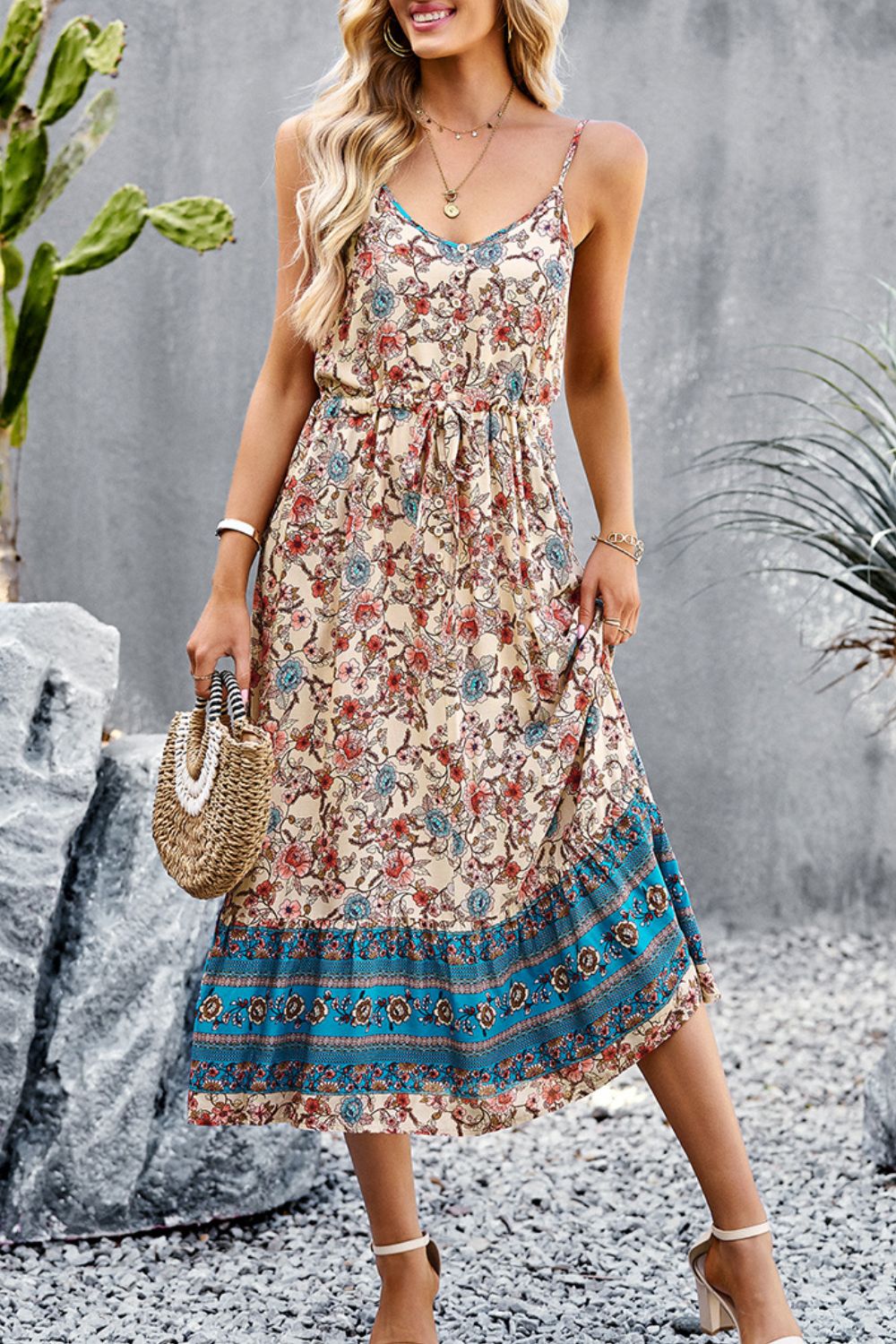 Bohemian Spaghetti Strap Drawstring Slit Dress BLUE ZONE PLANET