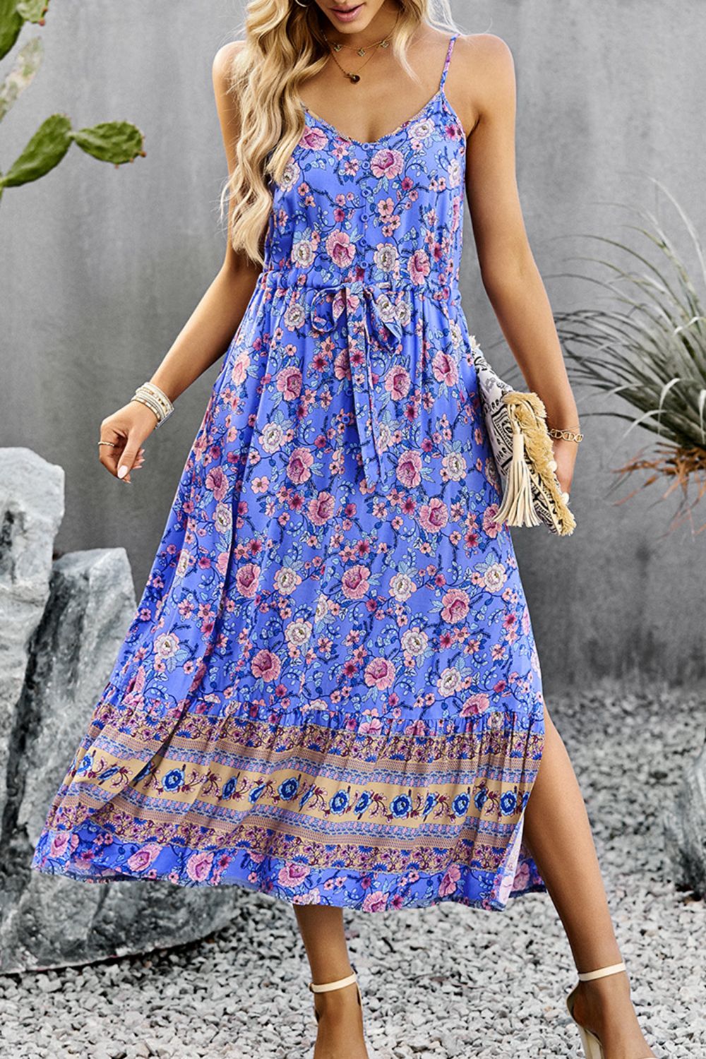 Bohemian Spaghetti Strap Drawstring Slit Dress BLUE ZONE PLANET