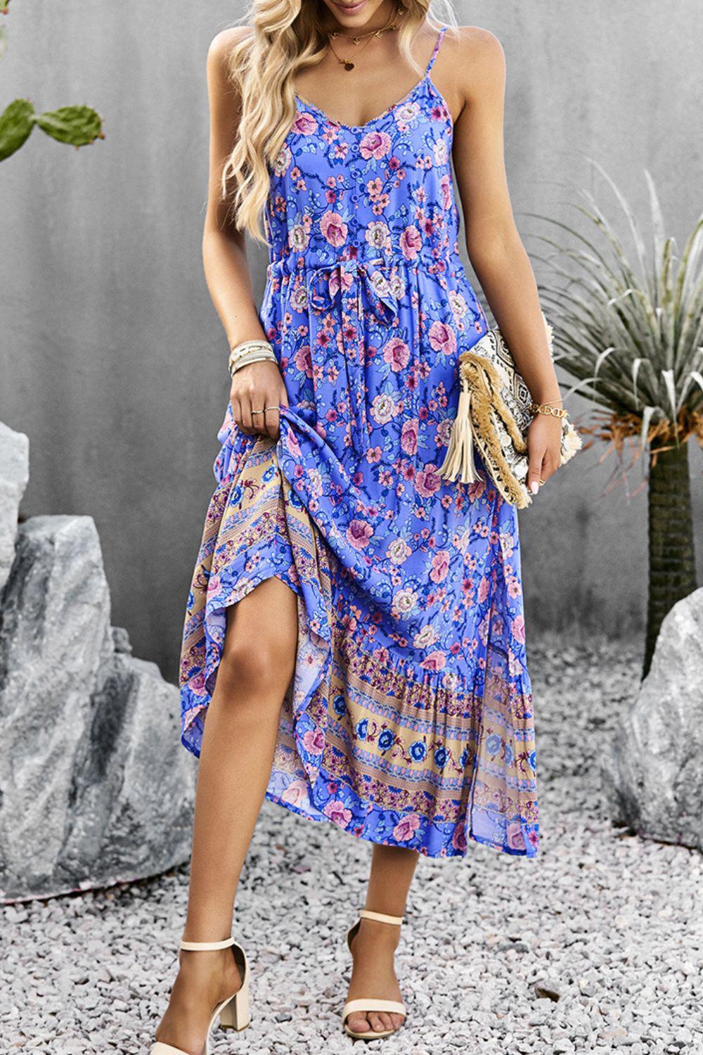 Bohemian Spaghetti Strap Drawstring Slit Dress BLUE ZONE PLANET