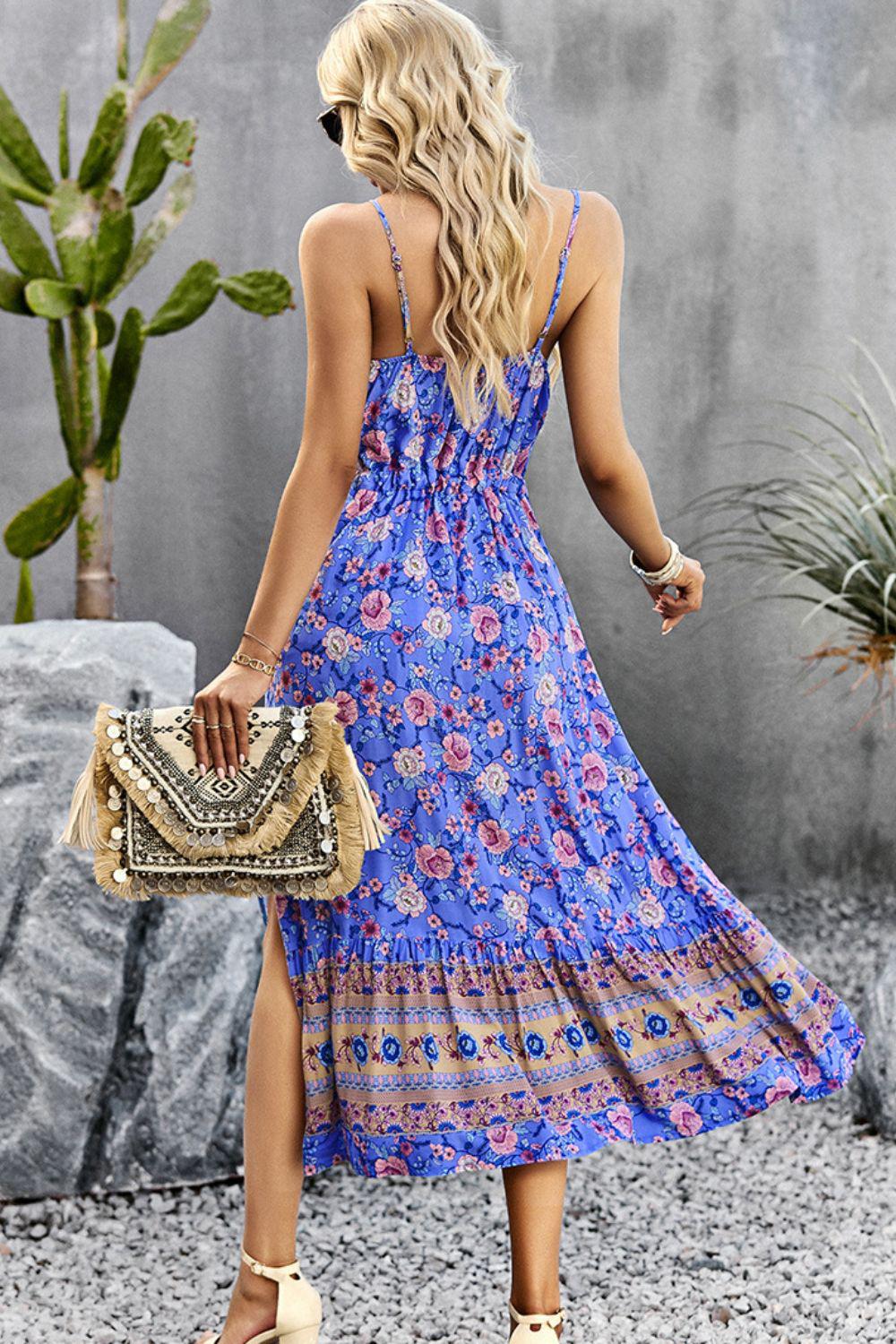 Bohemian Spaghetti Strap Drawstring Slit Dress BLUE ZONE PLANET