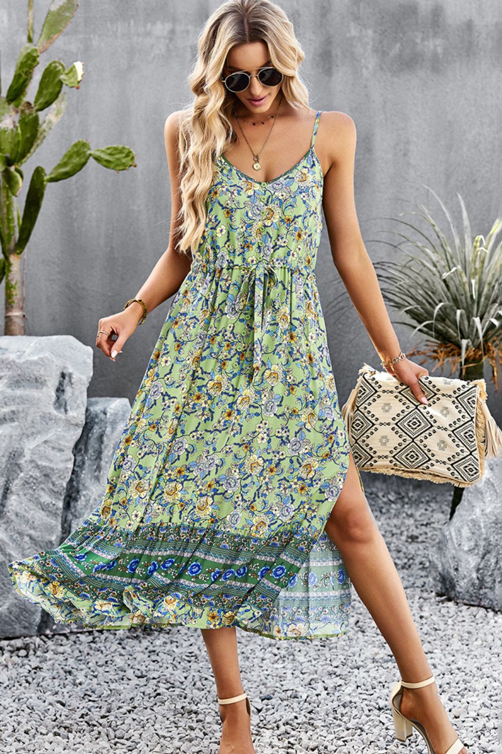 Bohemian Spaghetti Strap Drawstring Slit Dress BLUE ZONE PLANET