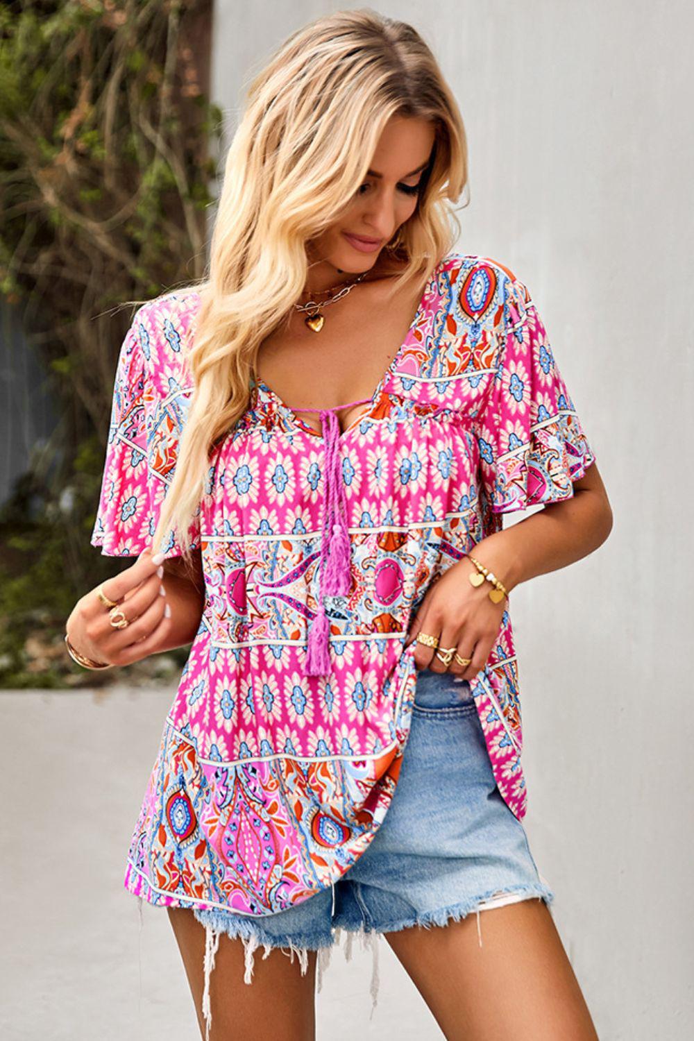 Bohemian Tied Flutter Sleeve Blouse BLUE ZONE PLANET