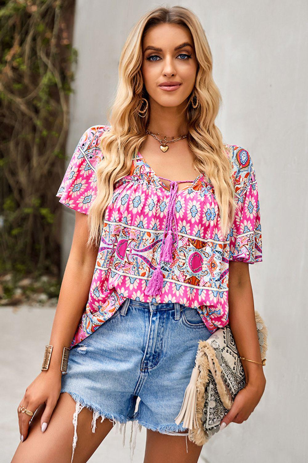 Bohemian Tied Flutter Sleeve Blouse BLUE ZONE PLANET