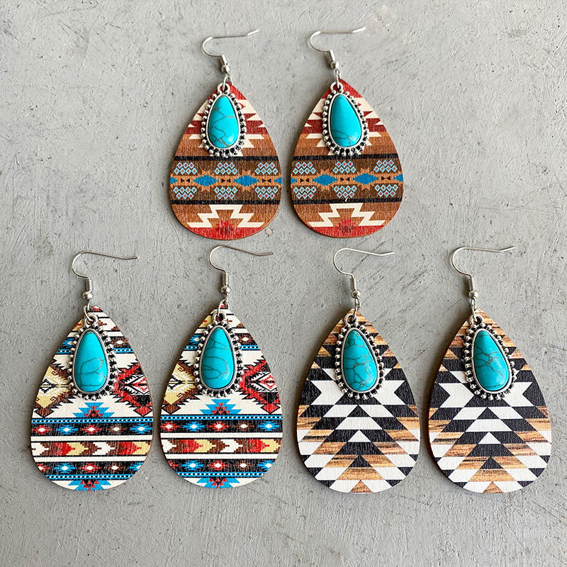 Bohemian Turquoise Teardrop Shape Wooden Dangle Earrings BLUE ZONE PLANET