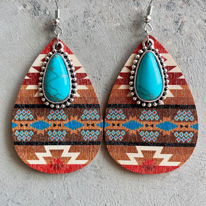 Bohemian Turquoise Teardrop Shape Wooden Dangle Earrings BLUE ZONE PLANET