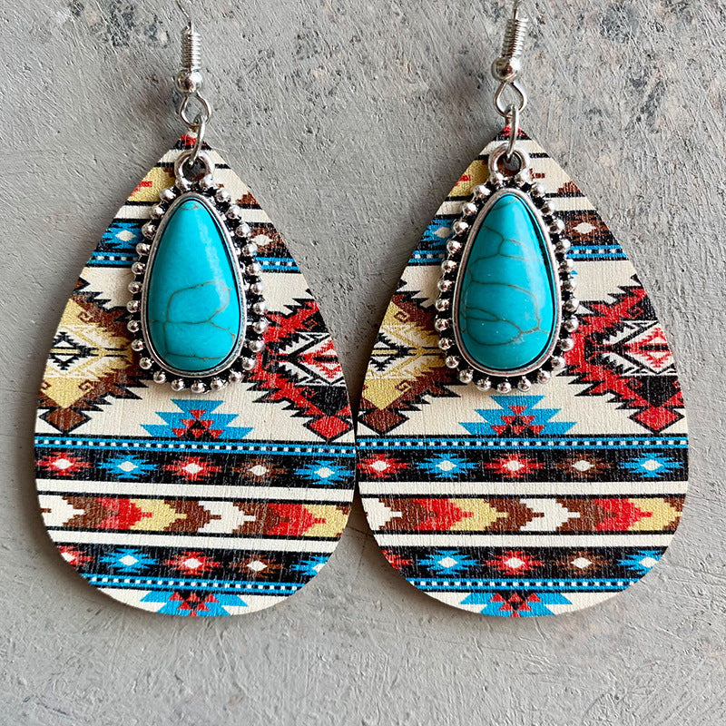 Bohemian Turquoise Teardrop Shape Wooden Dangle Earrings BLUE ZONE PLANET