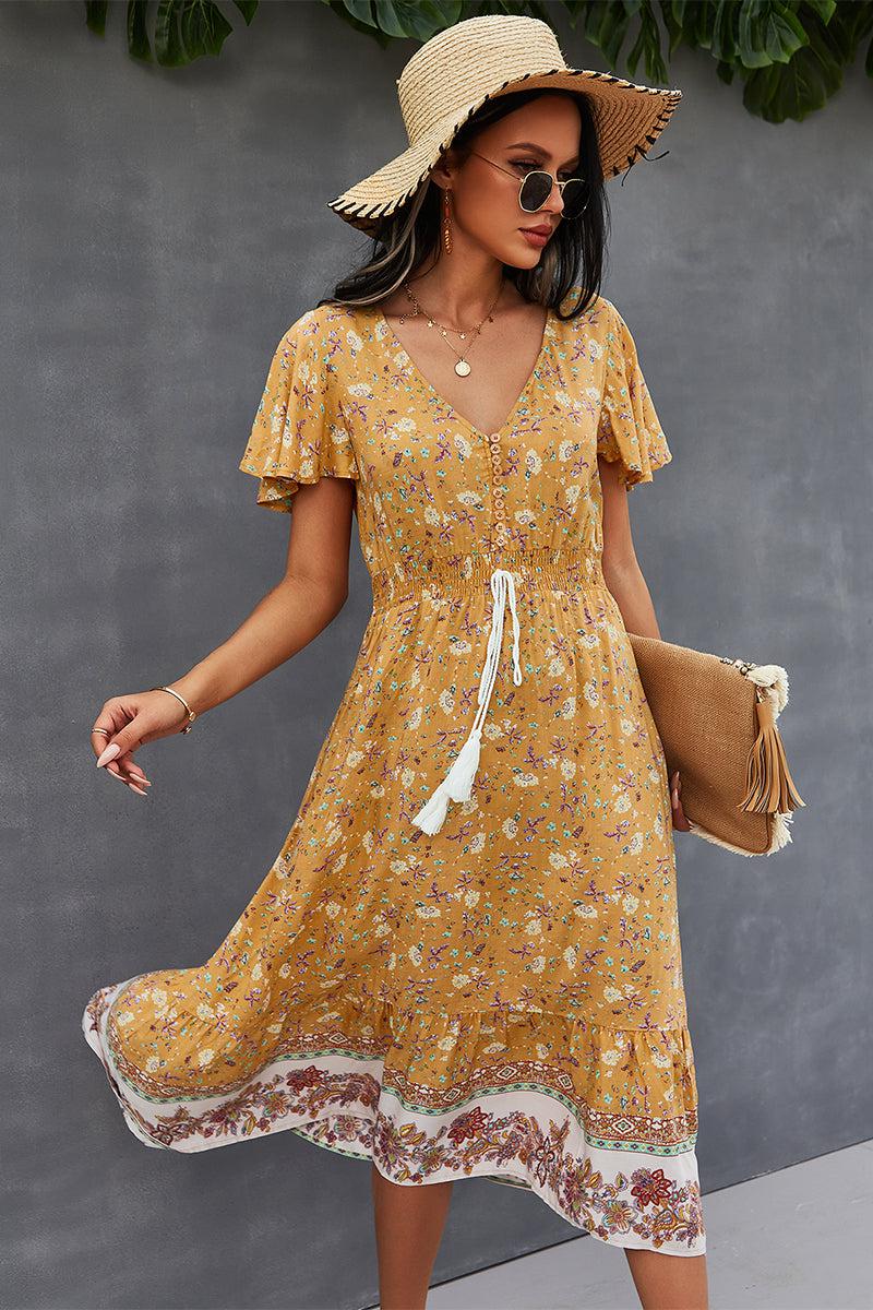 Bohemian V-Neck Flutter Sleeve Dress BLUE ZONE PLANET