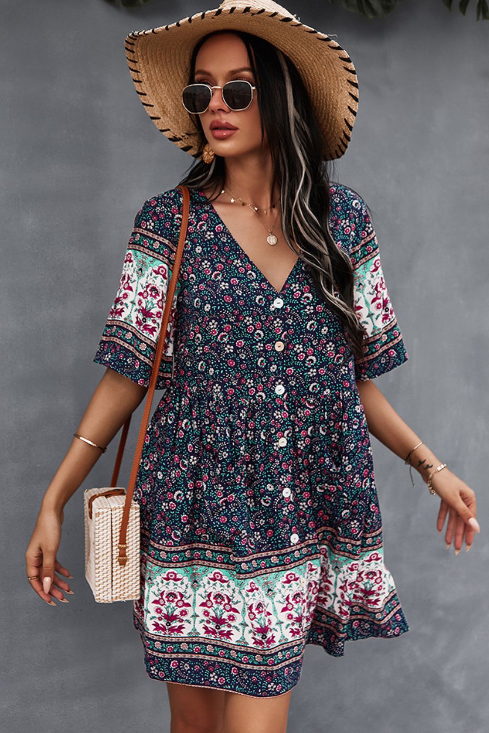 Bohemian V-Neck Half Sleeve Dress BLUE ZONE PLANET