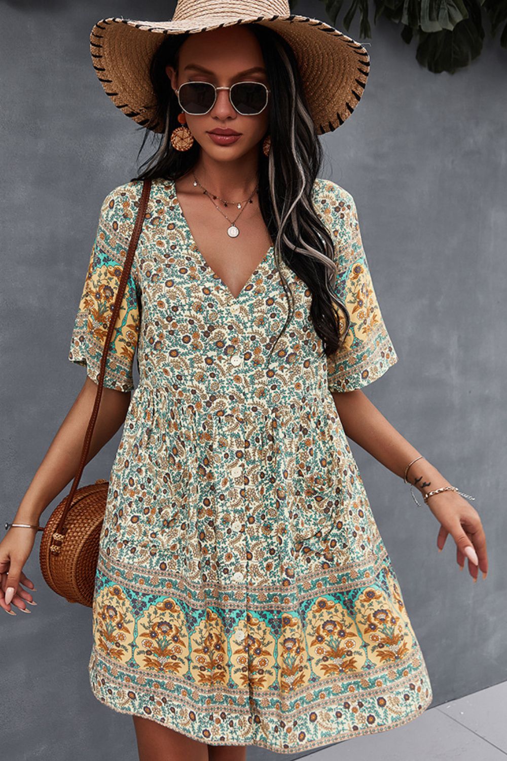 Bohemian V-Neck Half Sleeve Dress BLUE ZONE PLANET