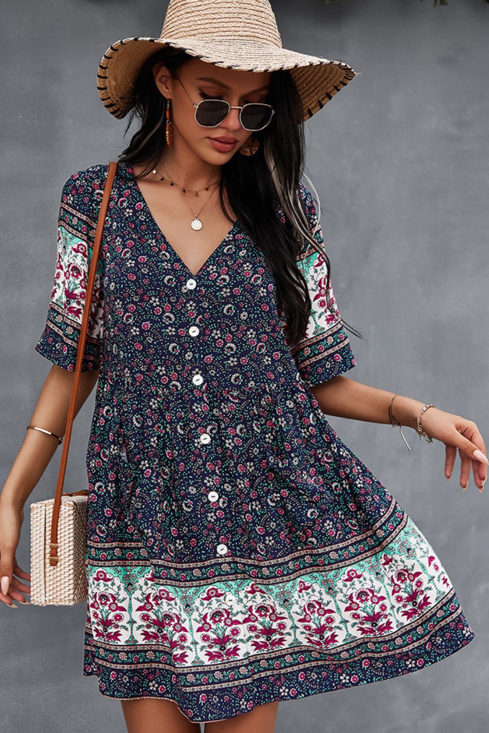 Bohemian V-Neck Half Sleeve Dress BLUE ZONE PLANET