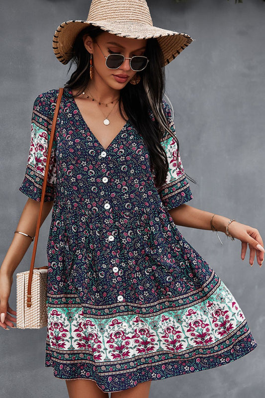 Bohemian V-Neck Half Sleeve Dress BLUE ZONE PLANET