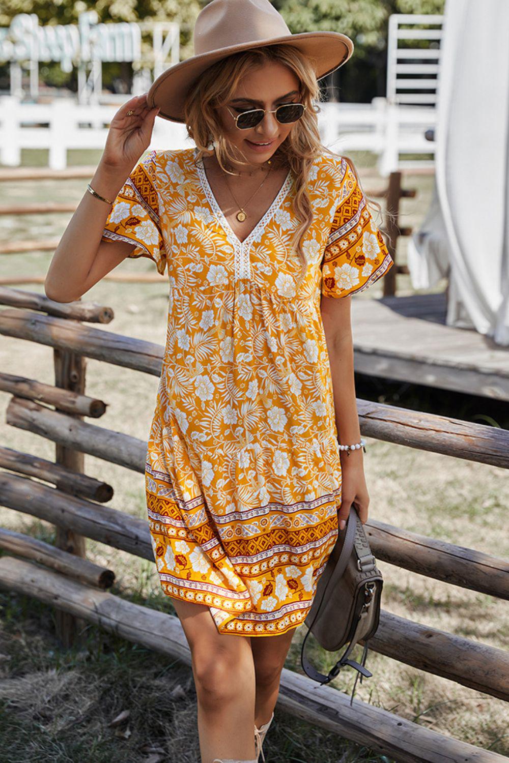 Bohemian V-Neck Short Sleeve Dress BLUE ZONE PLANET