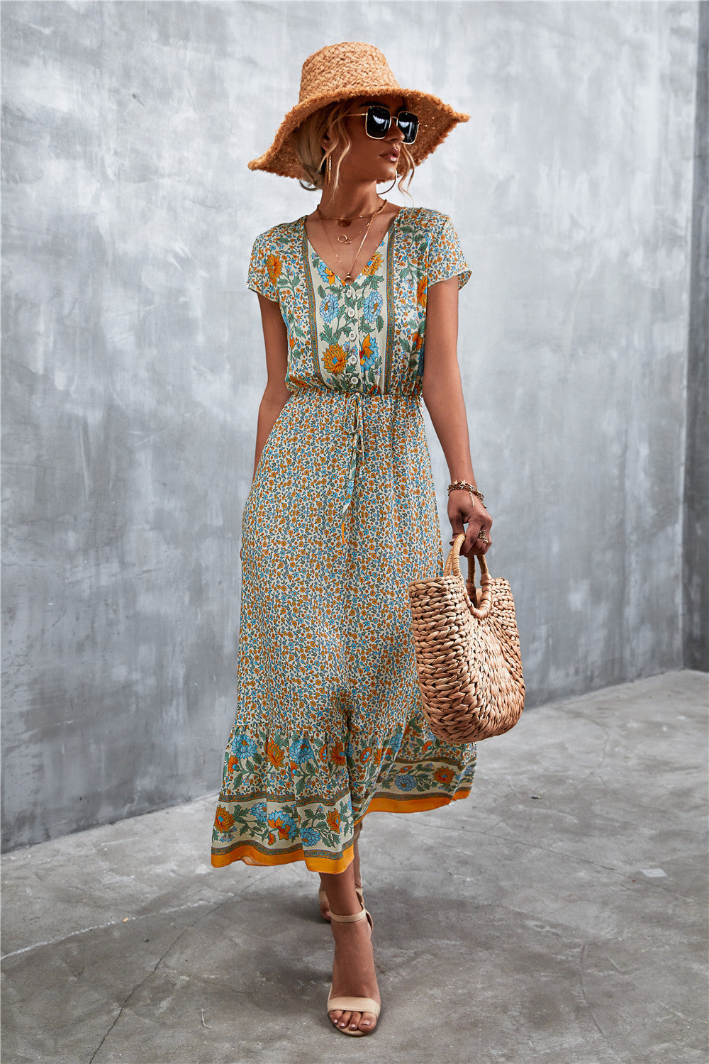 Bohemian V-Neck Short Sleeve Printed Maxi Dress BLUE ZONE PLANET