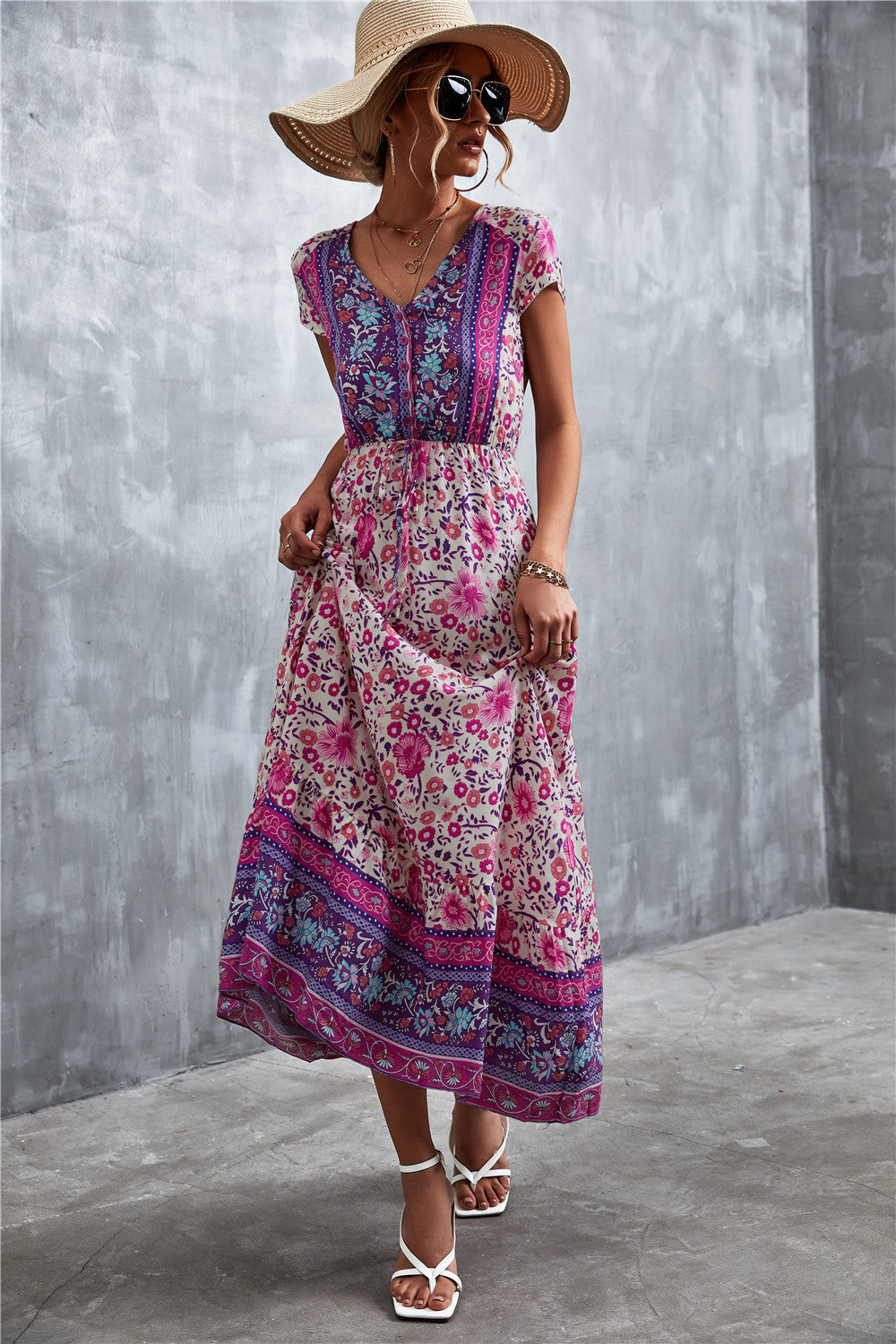 Bohemian V-Neck Short Sleeve Printed Maxi Dress BLUE ZONE PLANET