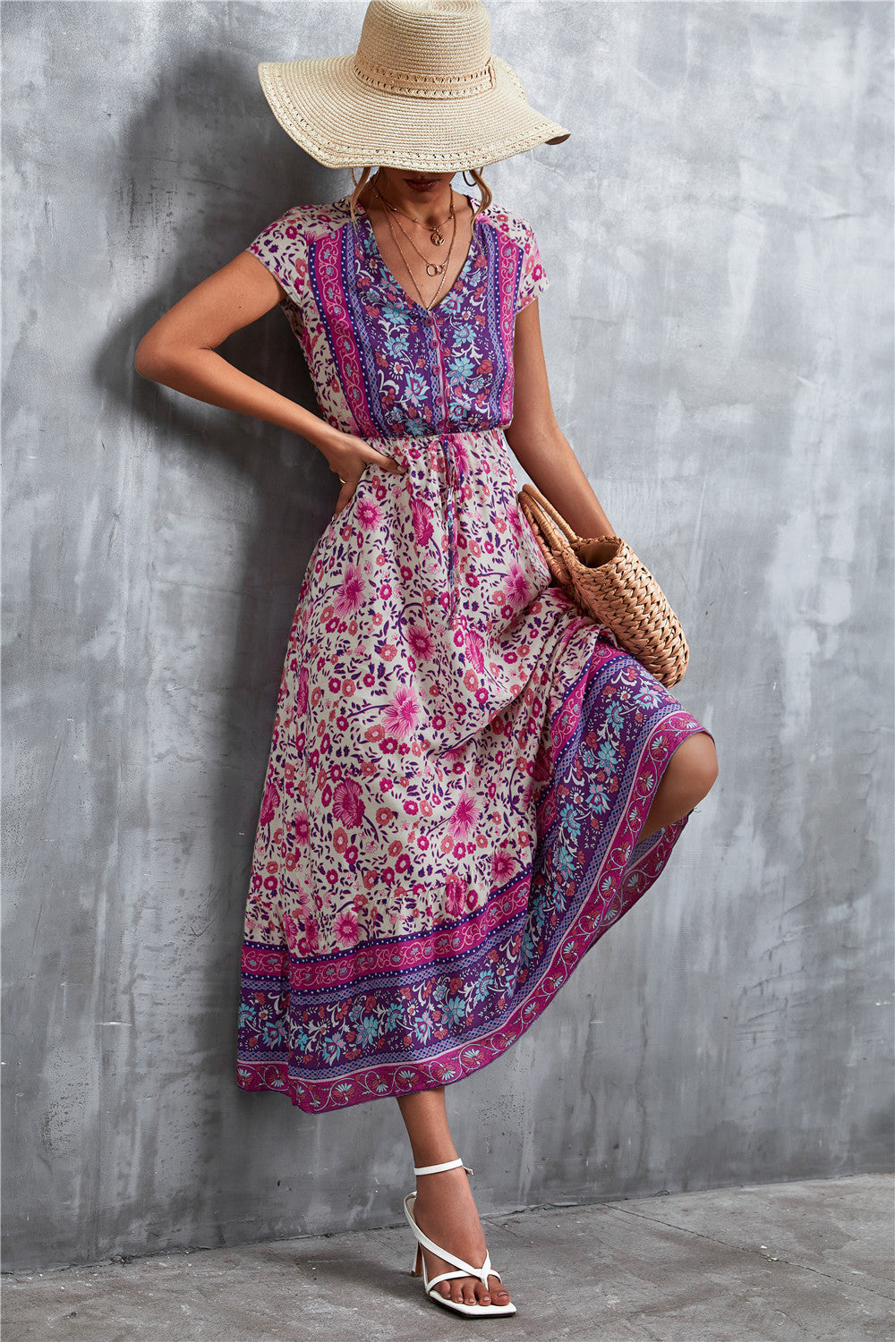 Bohemian V-Neck Short Sleeve Printed Maxi Dress BLUE ZONE PLANET