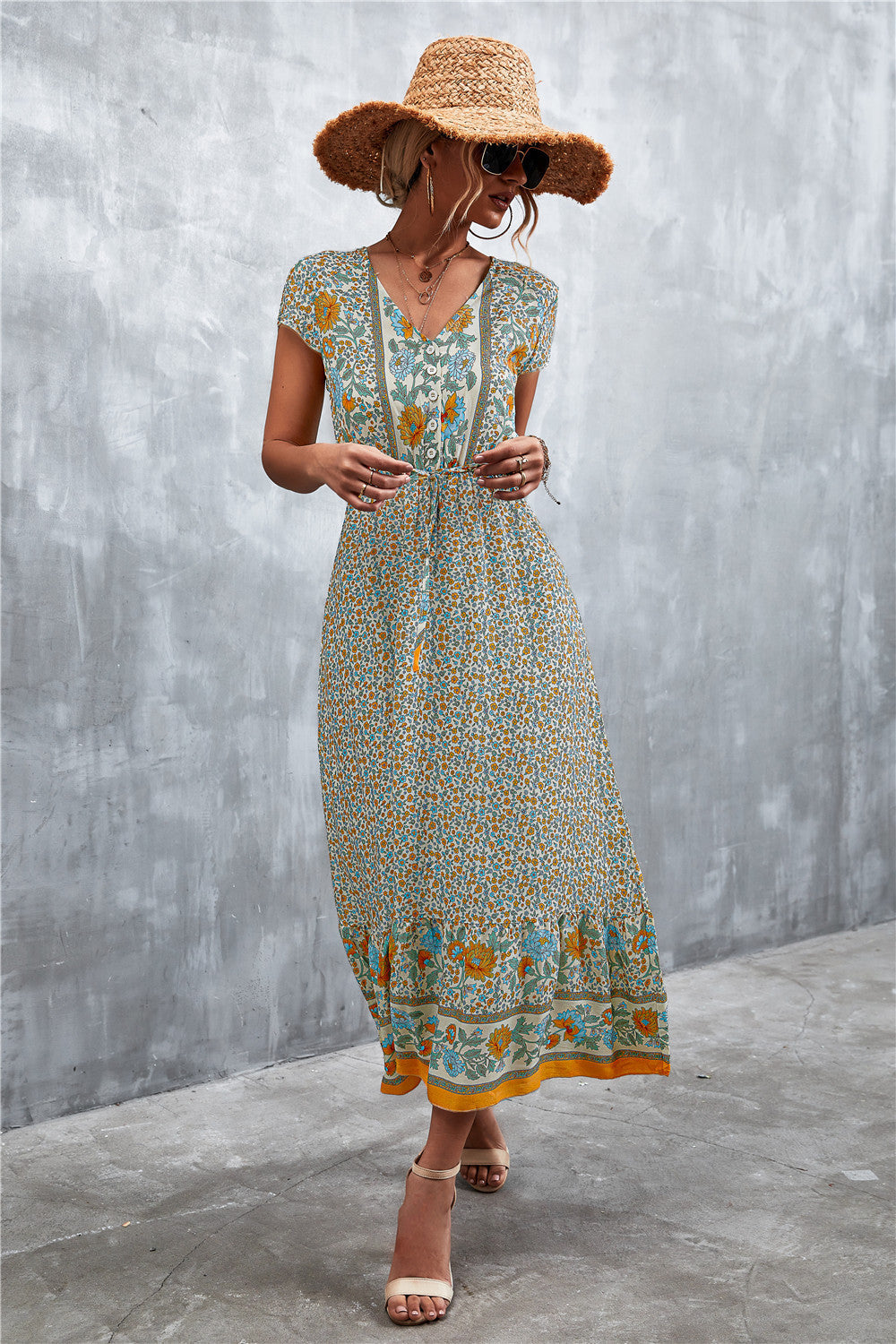 Bohemian V-Neck Short Sleeve Printed Maxi Dress BLUE ZONE PLANET