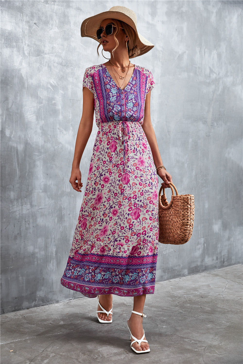 Bohemian V-Neck Short Sleeve Printed Maxi Dress BLUE ZONE PLANET