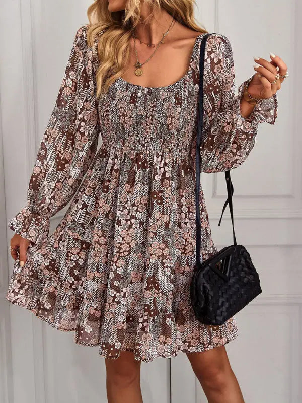 Bohemian print stretch elastic square neck long-sleeved dress kakaclo